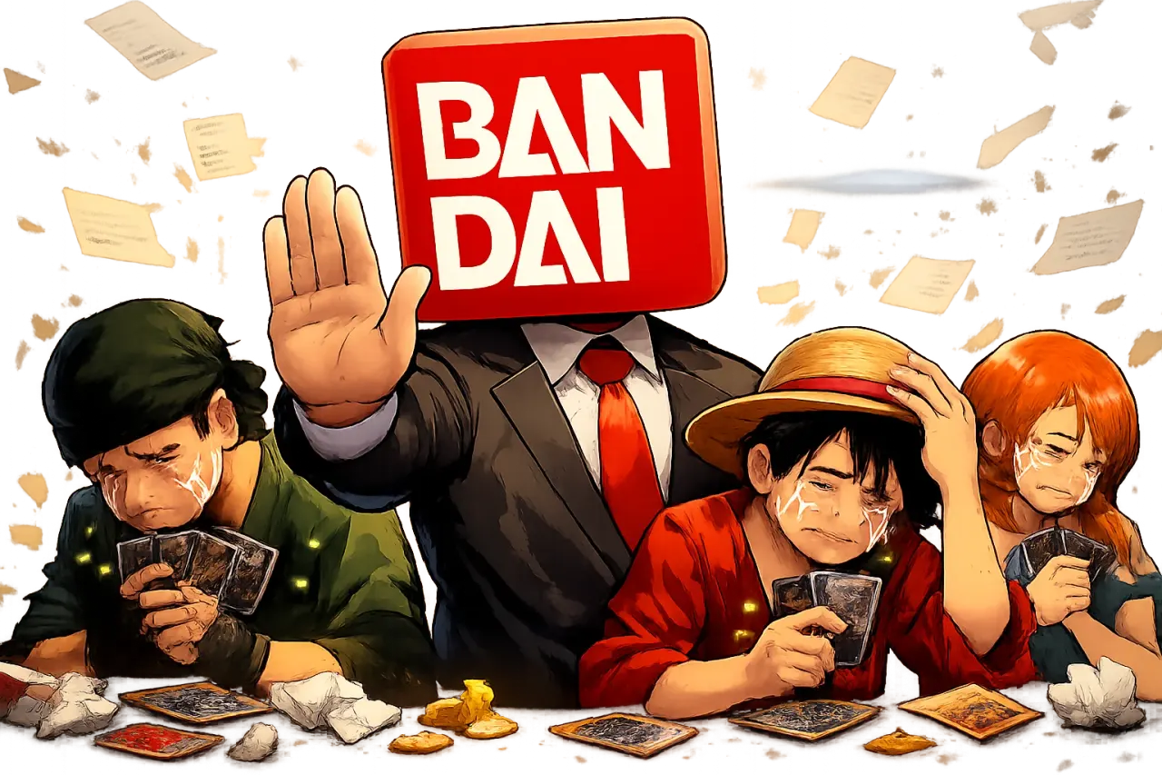 Personagem com a cabeça sendo o Logo da Bandai fazendo um não para jogadores de TCG One Piece chorando.