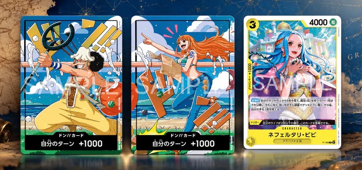 Cartas DON!! de Nami e Usopp ao lado da promo P-160 Vivi