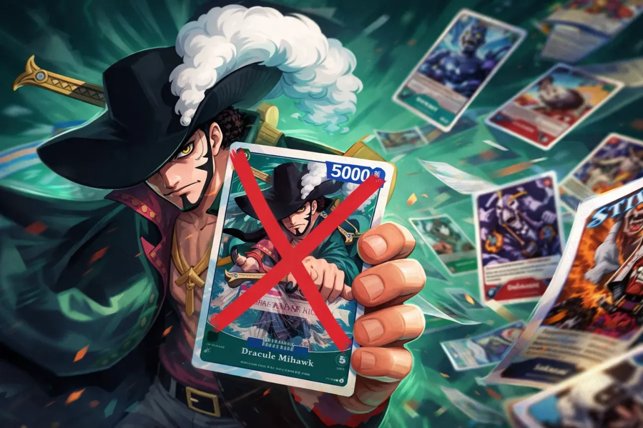 Algo relacionado ao Ban list com um X na carta e fotos sendo soltos ao lado